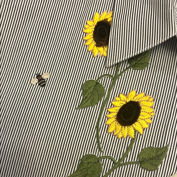 Striped Gray Button Down Shirt with Sunflower Embroidery - Picture 11 of 11